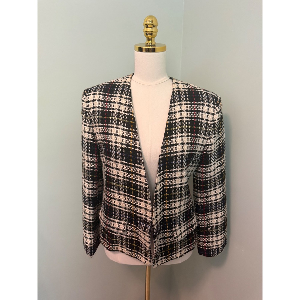 Vintage Chaus Plaid Tweed Blazer Black White Wool Blend Collarless Jacket Size 8